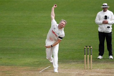 250525 - Glamorgan v Middlesex - Rothesay County Championship - Timm Van Der Gugten of Glamorgan bowling