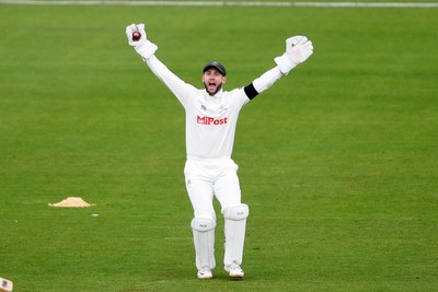 250525 - Glamorgan v Middlesex - Rothesay County Championship - Chris Cooke of Glamorgan catches the ball