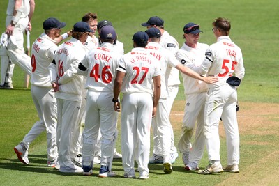 250525 - Glamorgan v Middlesex - Rothesay County Championship - Glamorgan celebrate after Asa Tribe catches the ball to dismiss Max Holden of Middlesex from the bowling of Matthew Kuhnemann