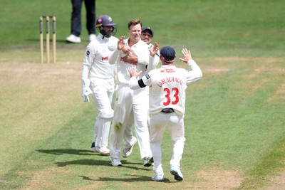 250525 - Glamorgan v Middlesex - Rothesay County Championship - Matthew Kuhnemann of Glamorgan celebrates with team mates after bowling out Sam Robson of Middlesex who was LBW