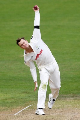 250525 - Glamorgan v Middlesex - Rothesay County Championship - Matthew Kuhnemann of Glamorgan  bowling