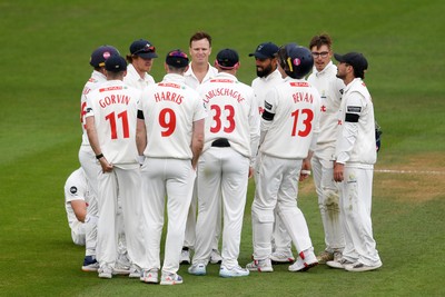 250525 - Glamorgan v Middlesex - Rothesay County Championship - Matthew Kuhnemann of Glamorgan celebrates taking the wicket of Leus du Plooy