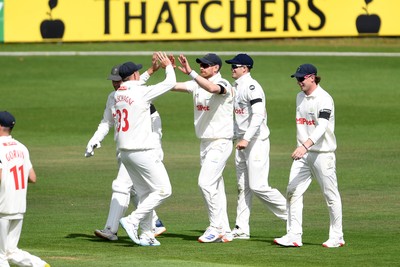 250525 - Glamorgan v Middlesex - Rothesay County Championship - James Harris of Glamorgan celebrates with team mates catching the ball to dismiss Toby Roland-Jones of Middlesex
