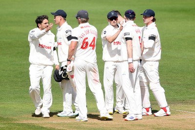 250525 - Glamorgan v Middlesex - Rothesay County Championship - Andy Gorvin of Glamorgan catches the ball to dismiss Dane Paterson of Middlesex and are all out