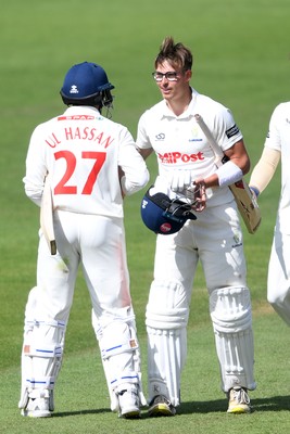 250525 - Glamorgan v Middlesex - Rothesay County Championship - Zain Ul-Hassan and Asa Tribe of Glamorgan at the end of the match