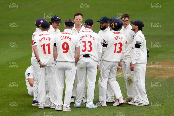 250525 - Glamorgan v Middlesex - Rothesay County Championship - Matthew Kuhnemann of Glamorgan celebrates taking the wicket of Leus du Plooy