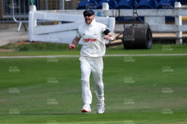 250525 - Glamorgan v Middlesex - Rothesay County Championship - James Harris of Glamorgan celebrates after catching the ball to dismiss Jack Davies of Middlesex