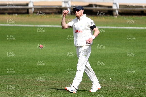 250525 - Glamorgan v Middlesex - Rothesay County Championship - James Harris of Glamorgan celebrates catching the ball to dismiss Toby Roland-Jones of Middlesex