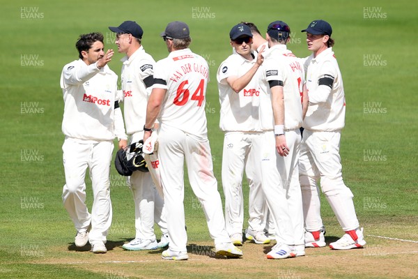 250525 - Glamorgan v Middlesex - Rothesay County Championship - Andy Gorvin of Glamorgan catches the ball to dismiss Dane Paterson of Middlesex and are all out