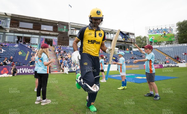 260719 - Glamorgan v Middlesex, Vitality Blast - Fakhar Zaman of Glamorgan makes his way to the wicket at the start of the match