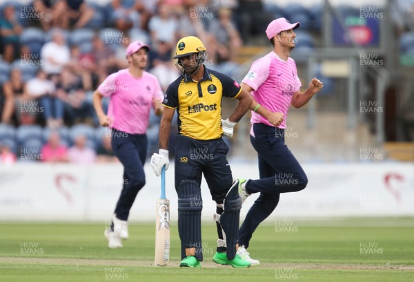 260719 - Glamorgan v Middlesex, Vitality Blast - Fakhar Zaman of Glamorgan reacts after he caught out