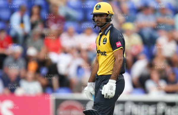 260719 - Glamorgan v Middlesex, Vitality Blast - Fakhar Zaman of Glamorgan reacts after he caught out