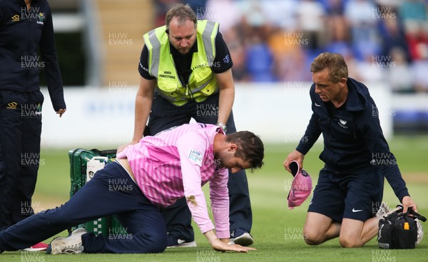 260719 - Glamorgan v Middlesex, Vitality Blast - Stephen Eskinazi of Middlesex receives treatment after being struck in the face by the ball