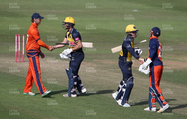 040719 - Glamorgan Cricket v Netherlands - T20 Friendly - Netherlands and Glamorgan players shake hands