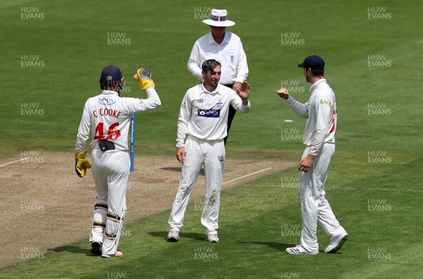 120721 - Glamorgan v Northamptonshire - LV= County Championship - Andrew Salter of Glamorgan celebrates taking the wicket of Ben Sanderson for LBW