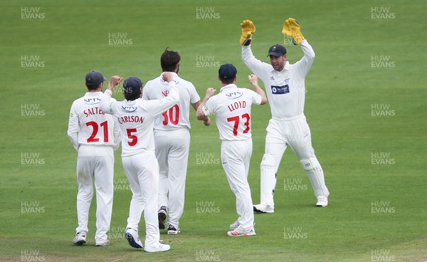 140721 - Glamorgan v Northamptonshire, LV= County Championship - Michael Neser of Glamorgan and Chris Cooke of Glamorgan celebrate with team mates after combining to catch out Charlie Thurston of Northamptonshire
