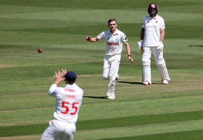 160525 - Glamorgan v Northamptonshire - Rothesay County Championship, Division Two - Andy Gorvin of Glamorgan celebrates as Ricardo Vasconcelos is caught by Asa Tribe