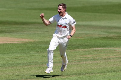 160525 - Glamorgan v Northamptonshire - Rothesay County Championship, Division Two - Andy Gorvin of Glamorgan celebrates as Ricardo Vasconcelos is caught by Asa Tribe