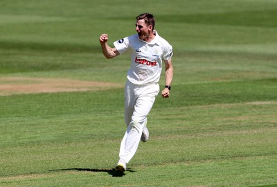 160525 - Glamorgan v Northamptonshire - Rothesay County Championship, Division Two - Andy Gorvin of Glamorgan celebrates as Ricardo Vasconcelos is caught by Asa Tribe