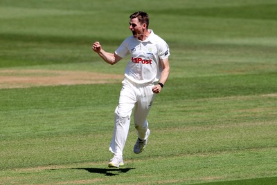 160525 - Glamorgan v Northamptonshire - Rothesay County Championship, Division Two - Andy Gorvin of Glamorgan celebrates as Ricardo Vasconcelos is caught by Asa Tribe