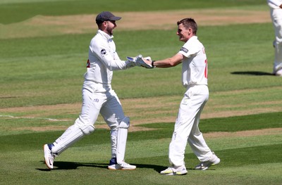 160525 - Glamorgan v Northamptonshire - Rothesay County Championship, Division Two - Andy Gorvin of Glamorgan celebrates as Ricardo Vasconcelos is caught by Asa Tribe