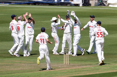 160525 - Glamorgan v Northamptonshire - Rothesay County Championship, Division Two - James Harris of Glamorgan celebrates after George Bartlett is caught out
