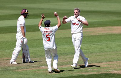 160525 - Glamorgan v Northamptonshire - Rothesay County Championship, Division Two - Timm Van Der Gugten of Glamorgan celebrates after James Sales is dismissed