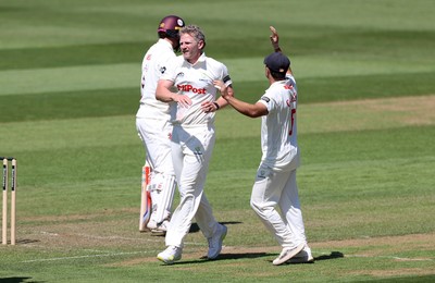 160525 - Glamorgan v Northamptonshire - Rothesay County Championship, Division Two - Timm Van Der Gugten of Glamorgan celebrates after James Sales is dismissed