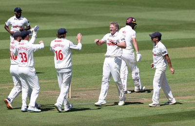 160525 - Glamorgan v Northamptonshire - Rothesay County Championship, Division Two - Timm Van Der Gugten of Glamorgan celebrates after James Sales is dismissed