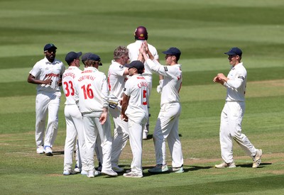 160525 - Glamorgan v Northamptonshire - Rothesay County Championship, Division Two - Timm Van Der Gugten of Glamorgan celebrates after James Sales is dismissed