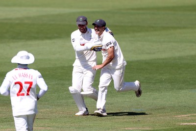 160525 - Glamorgan v Northamptonshire - Rothesay County Championship, Division Two - Kiran Carlson of Glamorgan celebrates after catching out Saif Zaib
