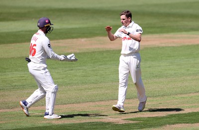 160525 - Glamorgan v Northamptonshire - Rothesay County Championship, Division Two - Andy Gorvin of Glamorgan celebrates taking the wicket of Ricardo Vasconcelos
