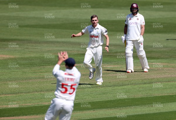160525 - Glamorgan v Northamptonshire - Rothesay County Championship, Division Two - Andy Gorvin of Glamorgan celebrates as Ricardo Vasconcelos is caught by Asa Tribe
