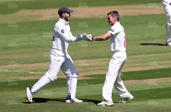 160525 - Glamorgan v Northamptonshire - Rothesay County Championship, Division Two - Andy Gorvin of Glamorgan celebrates as Ricardo Vasconcelos is caught by Asa Tribe