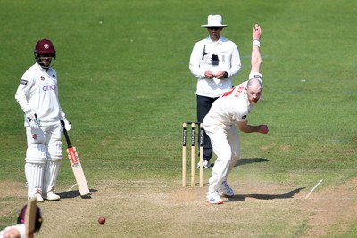 180525 - Glamorgan v Northamptonshire - Rothesay County Championship - James Harris of Glamorgan bowls the ball to dismiss Saif Zaib of Northamptonshire
