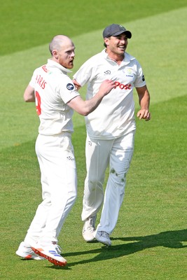 180525 - Glamorgan v Northamptonshire - Rothesay County Championship - James Harris of Glamorgan celebrates with team mates after he bowls the ball to dismiss Saif Zaib of Northamptonshire