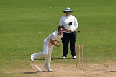 260624 - Glamorgan v Northamptonshire  - Vitality County Championship, Division 2 - Kiran Carlson of Glamorgan bowling