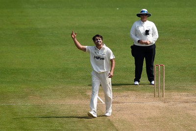 260624 - Glamorgan v Northamptonshire  - Vitality County Championship, Division 2 - Kiran Carlson of Glamorgan bowling