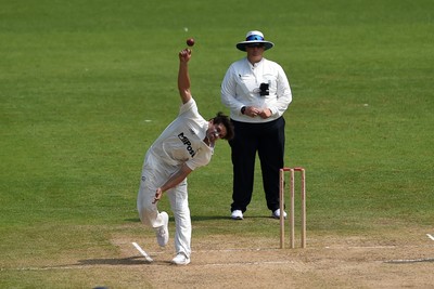 260624 - Glamorgan v Northamptonshire  - Vitality County Championship, Division 2 - Kiran Carlson of Glamorgan bowling