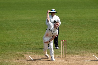 260624 - Glamorgan v Northamptonshire  - Vitality County Championship, Division 2 - Timm Van Der Gugten of Glamorgan bowling