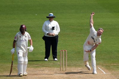 260624 - Glamorgan v Northamptonshire  - Vitality County Championship, Division 2 - Timm Van Der Gugten of Glamorgan bowling