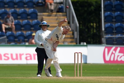 260624 - Glamorgan v Northamptonshire  - Vitality County Championship, Division 2 - Timm Van Der Gugten of Glamorgan bowling