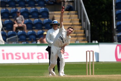 260624 - Glamorgan v Northamptonshire  - Vitality County Championship, Division 2 - Andy Gorvin of Glamorgan bowling