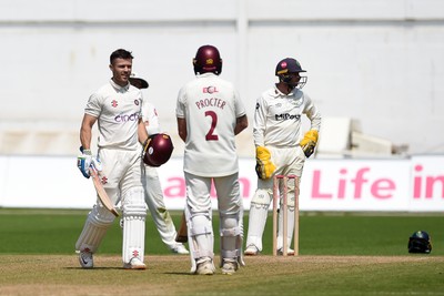 260624 - Glamorgan v Northamptonshire  - Vitality County Championship, Division 2 - Lewis McManus of Northampton celebrates hitting 100