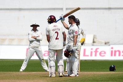 260624 - Glamorgan v Northamptonshire  - Vitality County Championship, Division 2 - Lewis McManus of Northampton celebrates hitting 100