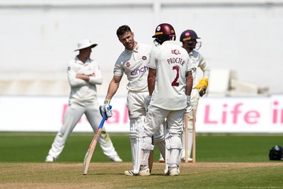 260624 - Glamorgan v Northamptonshire  - Vitality County Championship, Division 2 - Lewis McManus of Northampton celebrates hitting 100