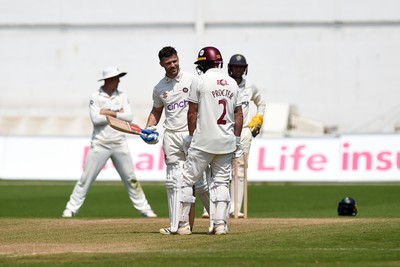 260624 - Glamorgan v Northamptonshire  - Vitality County Championship, Division 2 - Lewis McManus of Northampton celebrates hitting 100