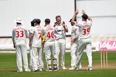 260624 - Glamorgan v Northamptonshire  - Vitality County Championship, Division 2 - Timm Van Der Gugten of Glamorgan celebrates with teammates after LBW of Luke Procter of Northamptonshire 