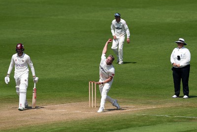 260624 - Glamorgan v Northamptonshire  - Vitality County Championship, Division 2 - Timm Van Der Gugten of Glamorgan bowling