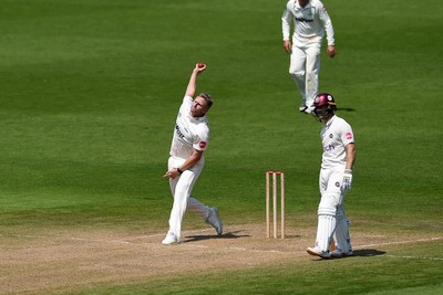 260624 - Glamorgan v Northamptonshire  - Vitality County Championship, Division 2 - Timm Van Der Gugten of Glamorgan bowling